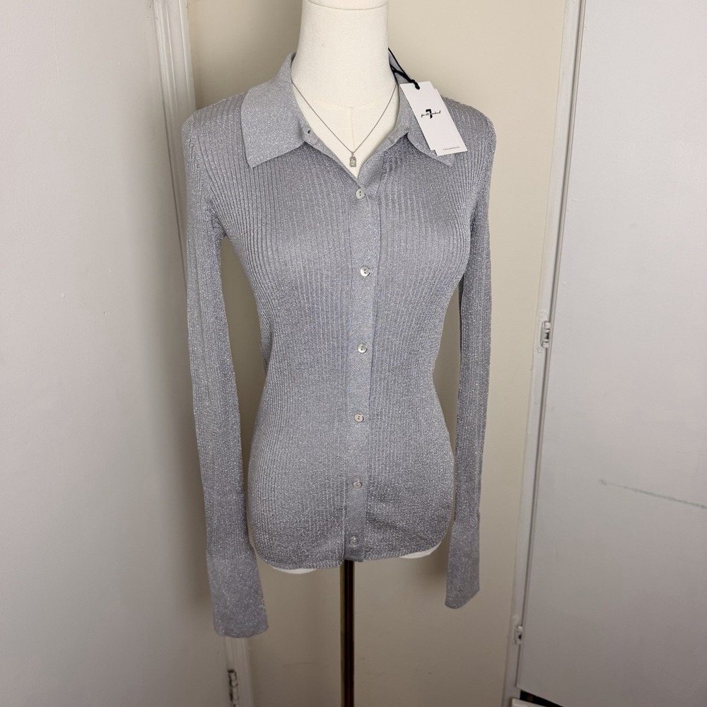 7 For All Mankind Metallic Long Sleeve Cardigan Silver Grey Collared Size S NWT